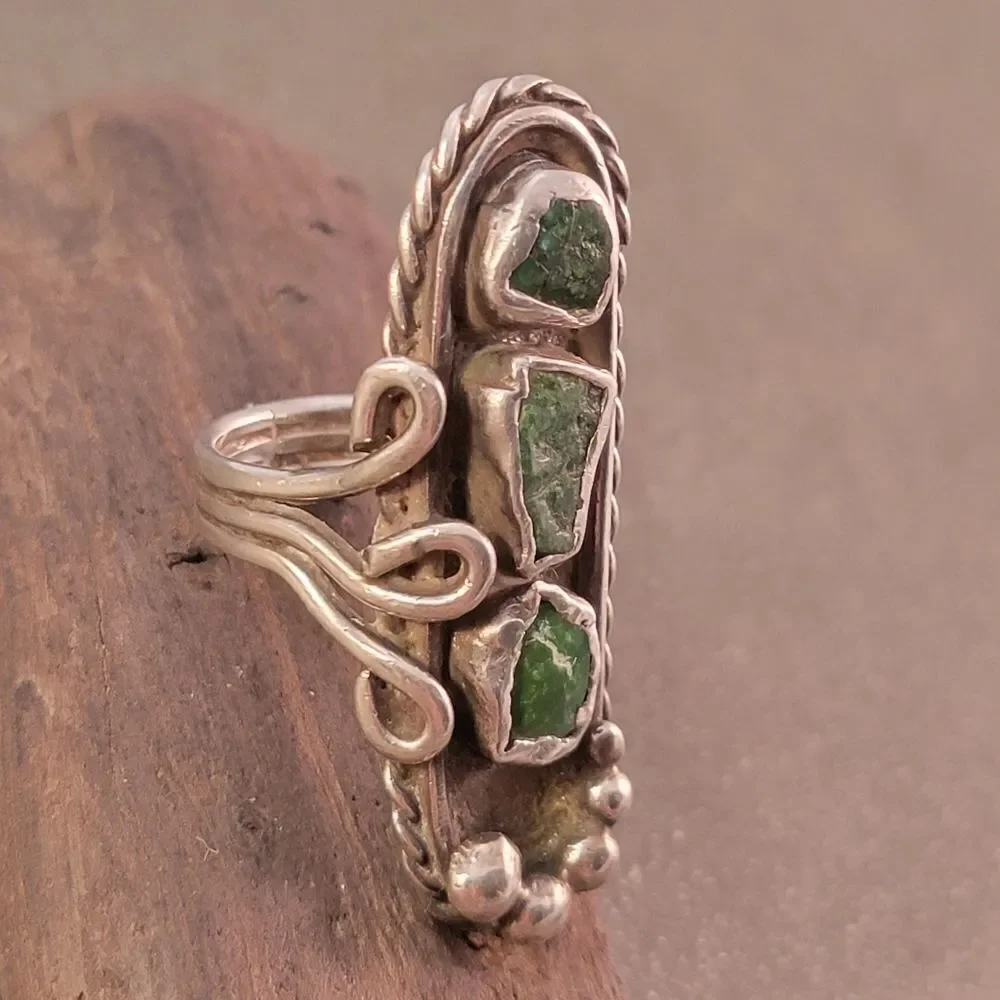 Old Pawn Navajo Organic Three Green Freeform Shaped Bezel Set Turquoise Ring B…